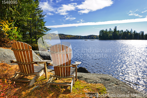 Image of Adirondack chairs at lake shore