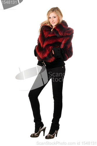 Image of Pretty blonde posing in fur jacket. Isolated