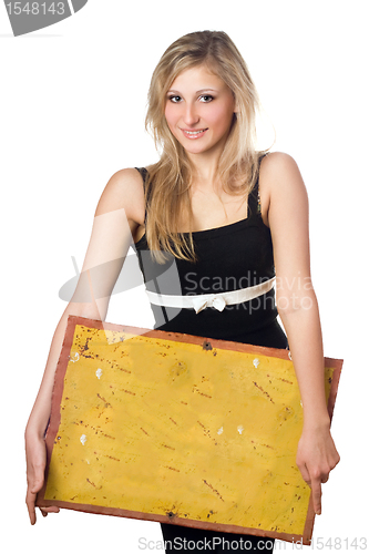 Image of Blonde posing with yellow vintage board