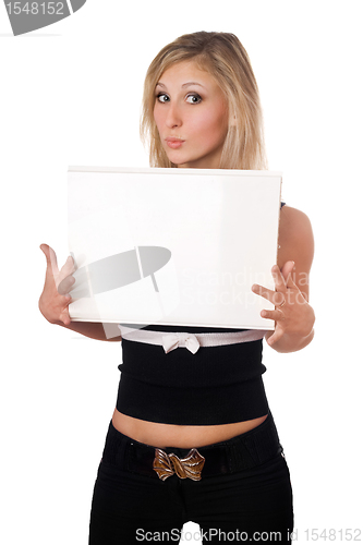 Image of Surprised blonde holding white board