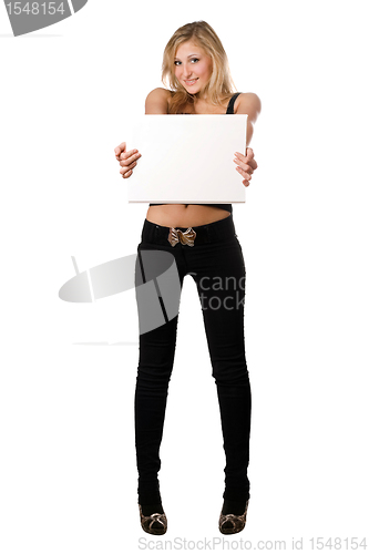 Image of Playful blonde holding white billboard