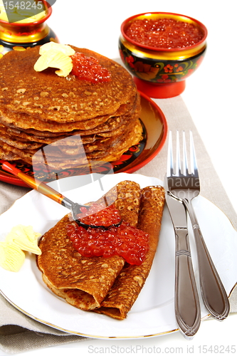 Image of Buckwheat pancakes with red caviar.