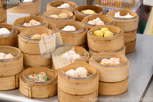 Image of Steamed Dim Sum in Bamboo Trays