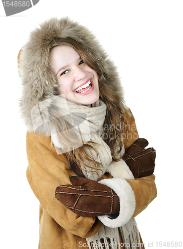 Image of Laughing winter girl in hood