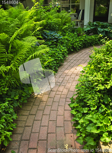 Image of Brick path in landscaped garden