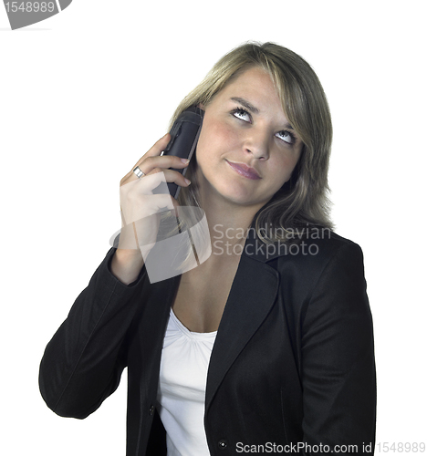 Image of irritated business girl and mobile phone