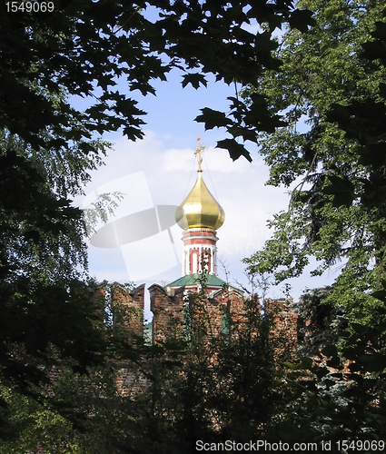 Image of onion spire framed with trees