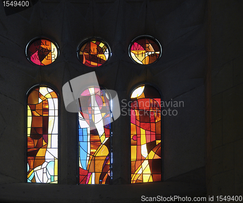 Image of colorful windows inside Sagrada Familia