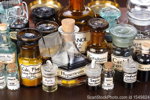 Image of Various pharmacy bottles of homeopathic medicine