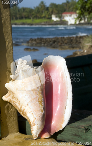 Image of sea shell hotel in background Corn Island Nicaragua