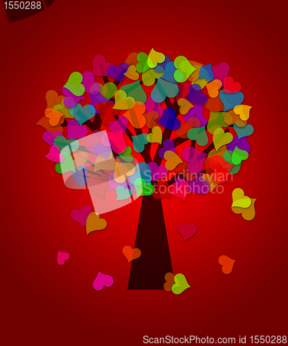 Image of Colorful Valentines Day Hearts Tree Red Background