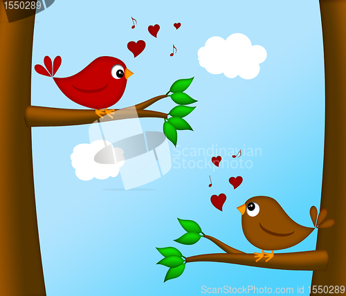 Image of Valentines Day Lovebirds Pair Sitting on Tree