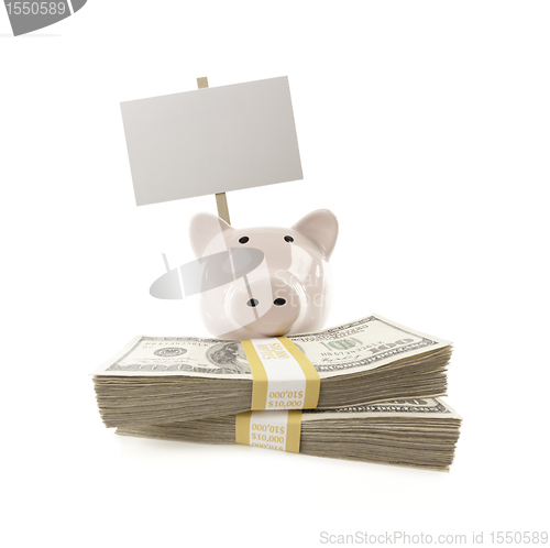 Image of Pink Piggy Bank with Stacks of Money and Blank Sign