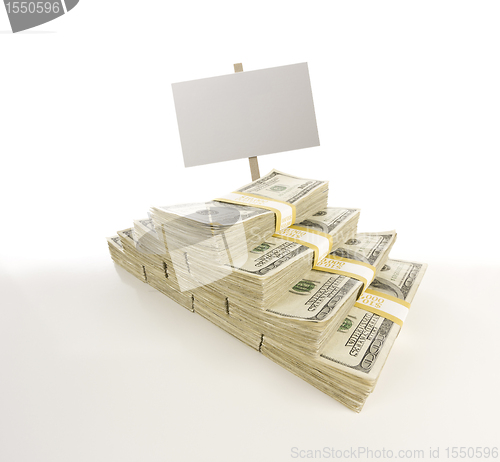 Image of Stacks of One Hundred Dollar Bills with Blank Sign on Gradation