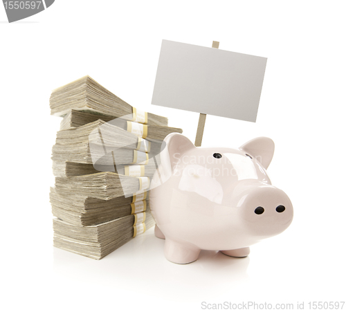 Image of Pink Piggy Bank with Stacks of Money and Blank Sign