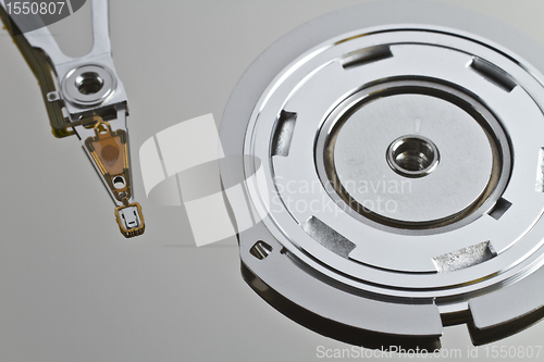 Image of read write head in hard disk drive with platterand spindle