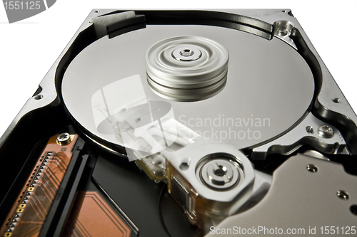 Image of hard disk on white in extreme perspective