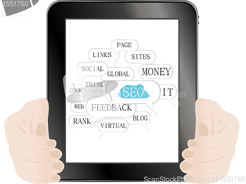 Image of tablet pc with SEO sign and tags on optimization theme