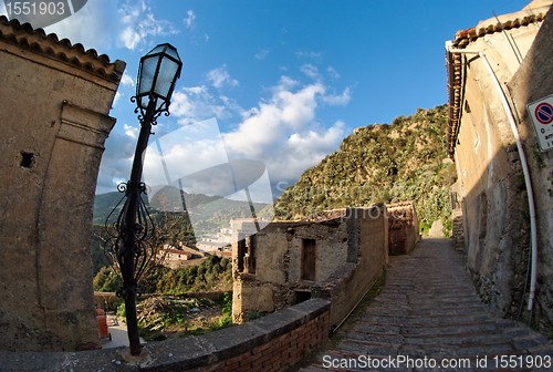 Image of Fisheye view of medieval village of Savoca in Sicily, Italy, at sunset