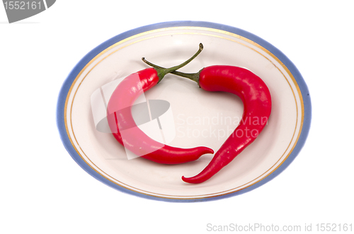 Image of Two red hot chili pepper dish. Healthy nutrition 