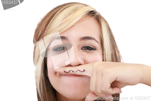 Image of Attractive girl with mustache, using her finger