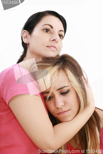 Image of Sadness woman in friends arms, isolated on white