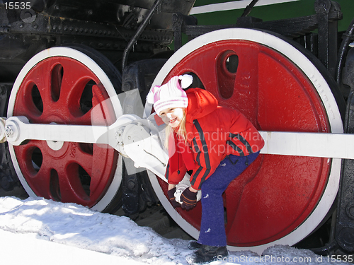 Image of girl and wheels of old locomotive