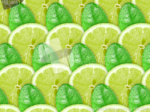 Image of Background of lime slices and green leaf