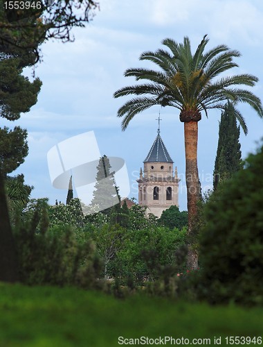 Image of Church in Alhambra palace seen from Alhambra gardens