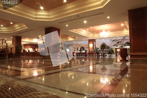 Image of Modern hotel lobby with marble floor