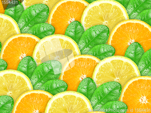 Image of Bbstract background of orange and lemon with green leaf