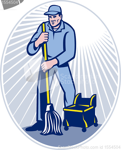 Image of Janitor Cleaner With Mop Cleaning Retro