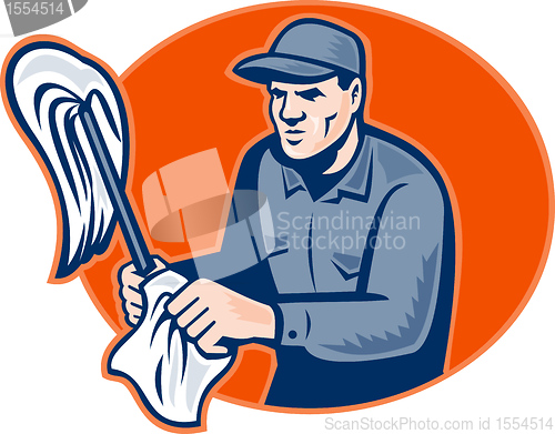 Image of Janitor Cleaner With Mop Wiping Retro