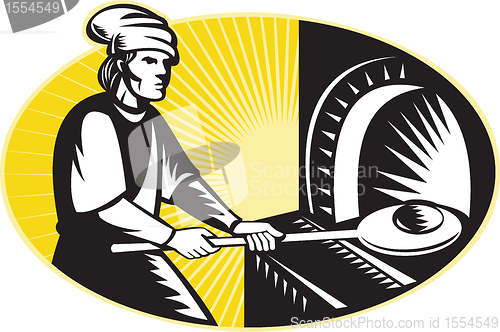 Image of medieval baker baking bread pan oven retro