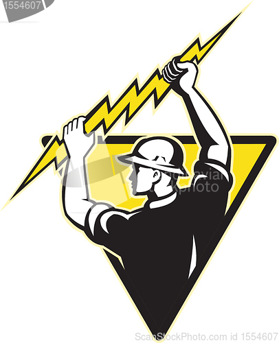 Image of electrician power lineman holding lighting bolt