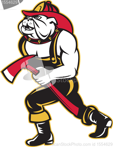 Image of bulldog dog fireman with axe walking cartoon