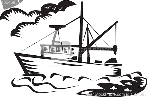 Image of commercial fishing boat ship sea woodcut