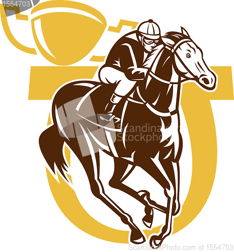 Image of horse race jockey racing horseshoe cup