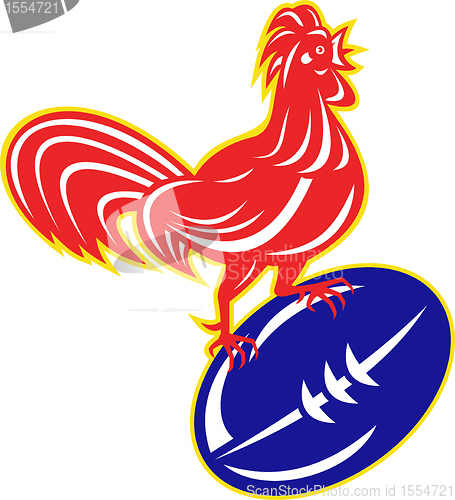 Image of rooster cockerel on top of rugby ball