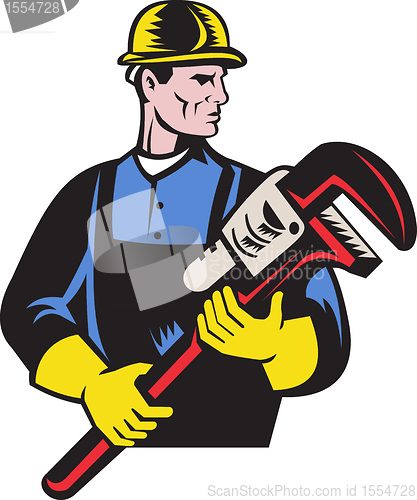 Image of plumber repairman holding monkey wrench