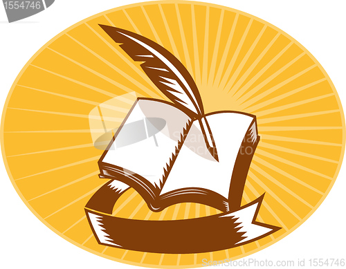 Image of book with quill pen and scroll woodcut