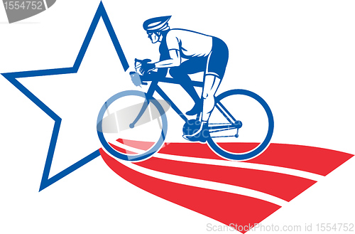 Image of Cyclist riding racing bike star and stripes