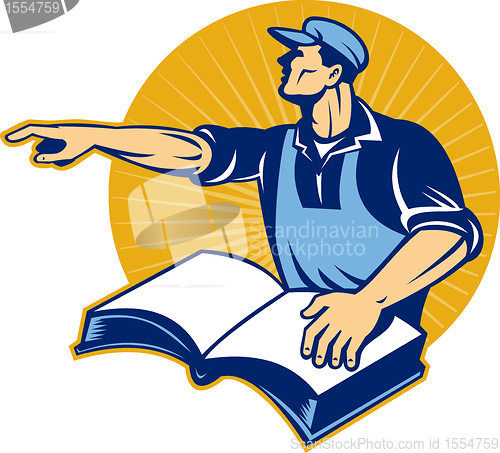 Image of worker tradesman man read book pointing