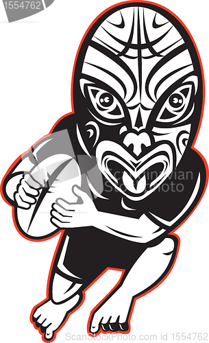 Image of Rugby player running wearing Maori mask