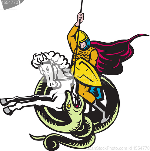 Image of knight riding horse fighting dragon snake