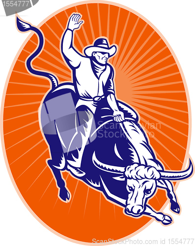 Image of rodeo cowboy riding jumping longhorn bull