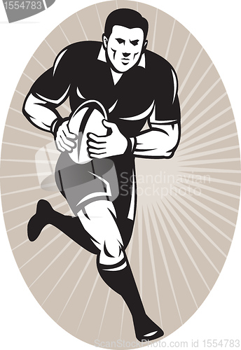 Image of Rugby player with ball wearing all black