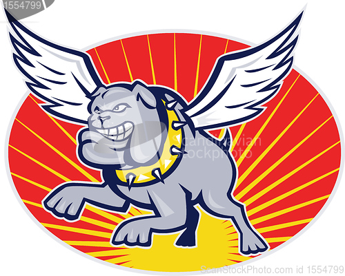 Image of bulldog mongrel dog with wings flying