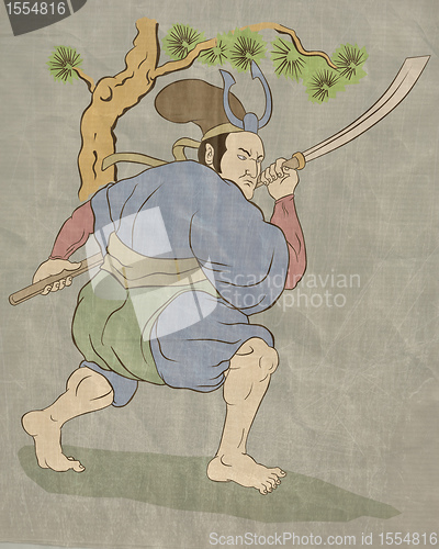 Image of Samurai warrior with katana sword fighting stance