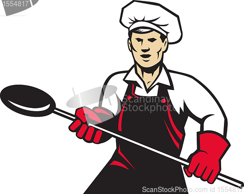 Image of baker holding baking pan with long handle